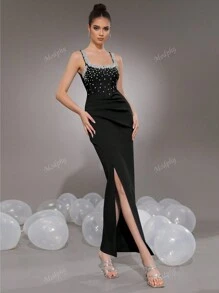 Modphy Sleeveless Heavily Decor Rhinestone Bandage Dress, Elegant Ruched Slit Bodycon Evening Gown For Bridesmaids, Holiday Party, Wedding Wedding Guest Dress Formal Dress
