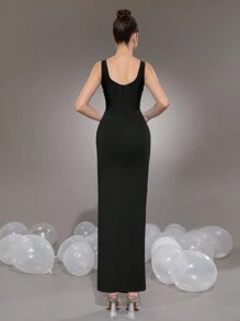 Modphy Sleeveless Heavily Decor Rhinestone Bandage Dress, Elegant Ruched Slit Bodycon Evening Gown For Bridesmaids, Holiday Party, Wedding Wedding Guest Dress Formal Dress - Black - View 4