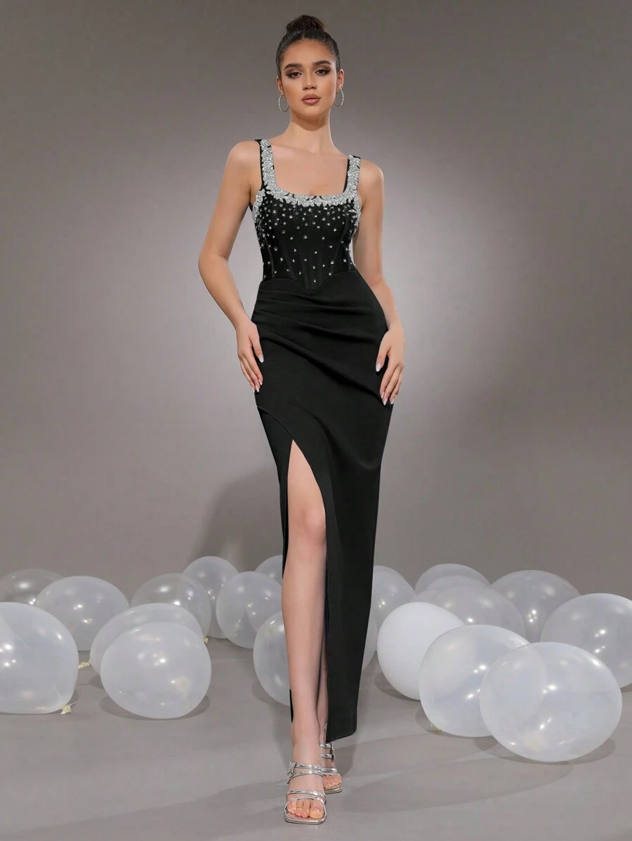 Modphy Sleeveless Heavily Decor Rhinestone Bandage Dress, Elegant Ruched Slit Bodycon Evening Gown For Bridesmaids, Holiday Party, Wedding Wedding Guest Dress Formal Dress - Black - View 1