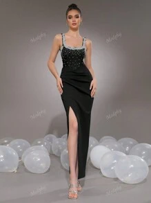 Modphy Sleeveless Heavily Decor Rhinestone Bandage Dress, Elegant Ruched Slit Bodycon Evening Gown For Bridesmaids, Holiday Party, Wedding Wedding Guest Dress Formal Dress