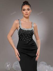 Modphy Sleeveless Heavily Decor Rhinestone Bandage Dress, Elegant Ruched Slit Bodycon Evening Gown For Bridesmaids, Holiday Party, Wedding Wedding Guest Dress Formal Dress