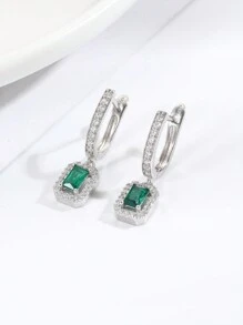 1 Pair 925 Sterling Silver Cubic Zirconia Green Rectangular Vintage Dangle Earrings, Fashionable & Simple Design, Suitable For Daily Wear - View 2
