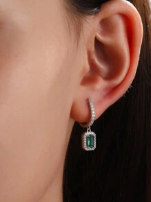 1 Pair 925 Sterling Silver Cubic Zirconia Green Rectangular Vintage Dangle Earrings, Fashionable & Simple Design, Suitable For Daily Wear - View 1