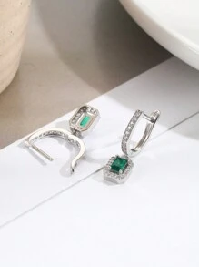 1 Pair 925 Sterling Silver Cubic Zirconia Green Rectangular Vintage Dangle Earrings, Fashionable & Simple Design, Suitable For Daily Wear - View 4