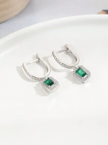 1 Pair 925 Sterling Silver Cubic Zirconia Green Rectangular Vintage Dangle Earrings, Fashionable & Simple Design, Suitable For Daily Wear - View 3