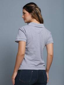 Women's Polo Neck Blouse, Elegant Pigue Fabric, Short Sleeves With Buttons - Xám - Xem 5