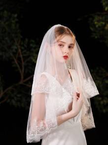 Tocado de moda de 80 cm de largo con doble capa, decorado con encaje blanco y lentejuelas, adecuado para fiestas, bodas, banquetes, fotografía y uso diario en otoño - Blanco - Ver 3