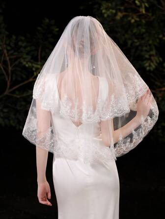 Velo de mujer de 80 cm de largo con doble capa, de encaje blanco y lentejuelas, decorativo para fiestas, bodas, sesiones de fotos, uso diario y otoño