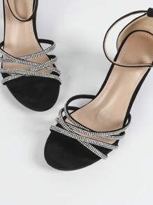 Qin TiNian Sandalias de tacón alto para mujer, nuevas para primavera/verano, zapatos de señora sexy de punta abierta para fiesta, boda y ocasiones formales, zapatos de tacón alto negros con decoración de rhinestones brillantes, correas cruzadas, tacones gruesos, diseño de tobillo con correa hecha a mano