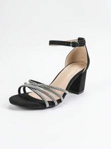 Qin TiNian Sandalias de tacón alto para mujer, nuevas para primavera/verano, zapatos de señora sexy de punta abierta para fiesta, boda y ocasiones formales, zapatos de tacón alto negros con decoración de rhinestones brillantes, correas cruzadas, tacones gruesos, diseño de tobillo con correa hecha a mano