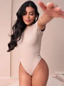 BODY Bory Women's Leotard Basic Collar Mid-Season Basic Black White Rib - Khaki - View 2