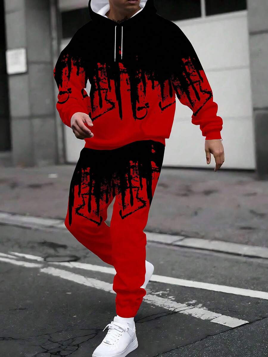Bộ đồ hai mảnh áo hoodie và quần nỉ in họa tiết chuyển màu đỏ tươi 3D cỡ lớn cho nam, quần áo mùa thu - Đỏ - Xem 1