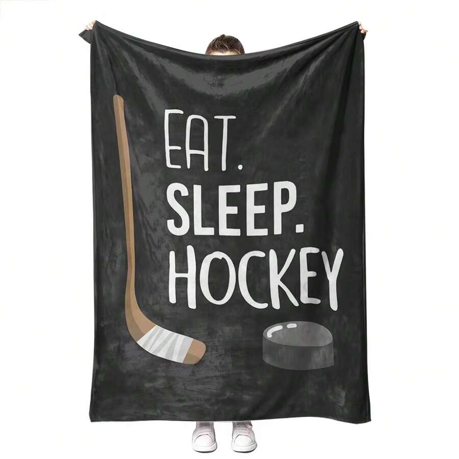 GEL HUT MUN 1 pieza Nueva Manta de Hockey "Comer. Dormir. Hockey" Estampada - Estilo contemporáneo, lavable a máquina, Manta de 51.1" X 59" (130cm X 150cm), Manta de tiro, Manta de otoño, Franela, Mantas y tiros, Manta de felpa, Ropa de cama, Tiro de sofá, Manta suave, Decoración, Habitación, Manta personalizada, Regalo de madre