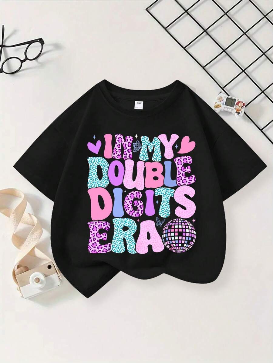 Tween Girl Cute Simple & Fresh T-Shirt Floral Print Round Neck Top, Summer - Black - View 1