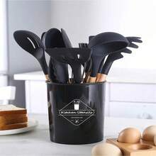 Bộ dụng cụ nấu ăn chống dính 12 món kèm xô và dụng cụ bằng silicon, bộ dụng cụ nhà bếp có tay cầm bằng gỗ - màu đen - Xem 3