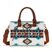 1 Pc Women's Bohemian Retro Style Tote Bag - With Detachable And Adjustable Strap, Zipper Closure - Perfect For School&Travel&Gym&Work - Xanh và trắng - Xem 1