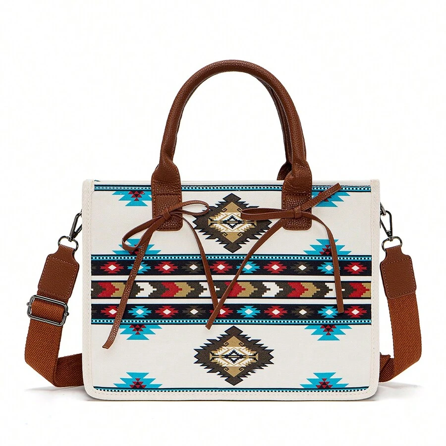 1 Pc Women's Bohemian Retro Style Tote Bag - With Detachable And Adjustable Strap, Zipper Closure - Perfect For School&Travel&Gym&Work - Xanh và trắng - Xem 1