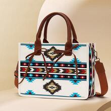 1 Pc Women's Bohemian Retro Style Tote Bag - With Detachable And Adjustable Strap, Zipper Closure - Perfect For School&Travel&Gym&Work - Xanh và trắng - Xem 6