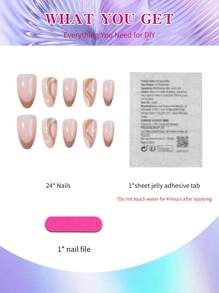 24片短款杏仁浅棕色心形条纹法式美甲贴纸，完美适配短款亚克力假指甲套装，包含1片果冻胶和1把指甲锉，适合女性和女孩日常及派对美甲用品。 - 彩色 - 查看 2