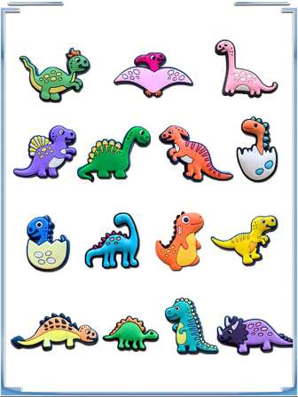 15件装恐龙系列鞋饰，款式多样，品质优良，适用于鞋子、凉鞋、拖鞋，可作派对礼物、生日礼物、夏季礼物、学校用品等。