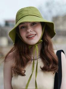 1 件女士新款檐渔夫帽，修脸系带圆脸渔夫帽，时尚大头围，春夏