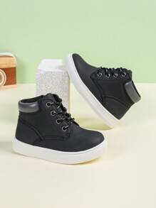 New Style Side Zipper Slip-On Comfortable Breathable Outdoor Sports Warm Trekking Ankle Boots, Anti-Slip Lightweight Round Toe Lace-Up Mid-Top Soft Flat Student Oxford Casual Cute Solid Color High-Top PU Leather Toddler Shoes, All Seasons - Black - View 5