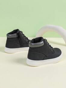 New Style Side Zipper Slip-On Comfortable Breathable Outdoor Sports Warm Trekking Ankle Boots, Anti-Slip Lightweight Round Toe Lace-Up Mid-Top Soft Flat Student Oxford Casual Cute Solid Color High-Top PU Leather Toddler Shoes, All Seasons - Black - View 7