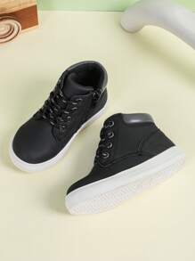 New Style Side Zipper Slip-On Comfortable Breathable Outdoor Sports Warm Trekking Ankle Boots, Anti-Slip Lightweight Round Toe Lace-Up Mid-Top Soft Flat Student Oxford Casual Cute Solid Color High-Top PU Leather Toddler Shoes, All Seasons - Black - View 6