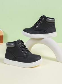 New Style Side Zipper Slip-On Comfortable Breathable Outdoor Sports Warm Trekking Ankle Boots, Anti-Slip Lightweight Round Toe Lace-Up Mid-Top Soft Flat Student Oxford Casual Cute Solid Color High-Top PU Leather Toddler Shoes, All Seasons - Black - View 4