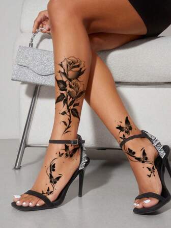 2 件装女士黑色花朵和蝴蝶临时纹身贴纸，防水持久假纹身，适用于手臂、腿部和胸部