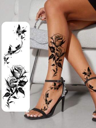 2pcs Black Flower & Butterfly Temporary Tattoo Stickers For Women, Waterproof & Long Lasting Fake Tattoo For Arm, Leg & Chest