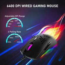 Wired Gaming Mouse, 69G Honeycomb Lightweight Mouse With 6400 DPI 6 Buttons Programmable USB Gaming Mouse For PC Gamers PS4 Users - Black - View 6
