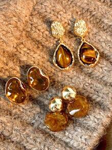 3 Pairs Vintage Amber-Color Resin Alloy Ear Studs, Suitable For Women's Daily Wear Jewelry, Christmas Gift, Holiday Gift, Singles Party Gift