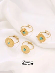 1pc Stainless Steel Ladies' Ring Geometric Circle 18k Gold Plated Blue Natural Turquoise Chain Style Turquoise Decor Cuff Ring Jewelry Best Friends Gifts