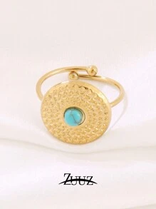 1pc Stainless Steel Ladies' Ring Geometric Circle 18k Gold Plated Blue Natural Turquoise Chain Style Turquoise Decor Cuff Ring Jewelry Best Friends Gifts