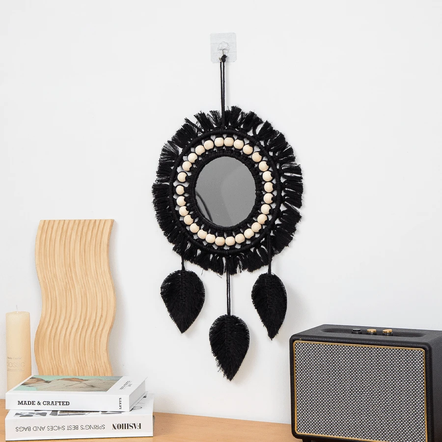 1pc Nordic Style Woven Decorative Tapestry, Leaf And Feather Pendant, FullSize Mirror, Living
