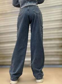 High Waisted Cargo Jeans Wide Leg Jeans - Blue - View 4