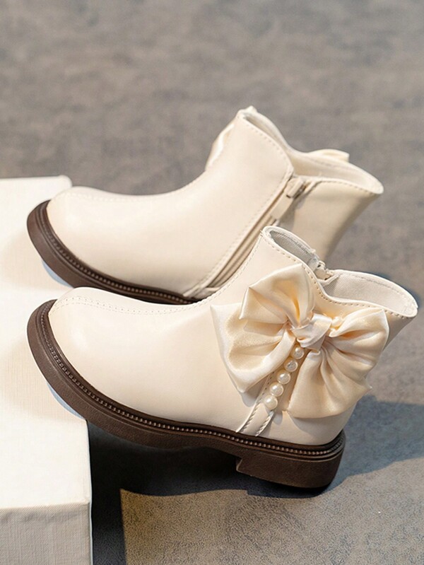 1 par de botas cómodas para niños pequeños con cierre de cremallera, unicolor, decoradas con moño y perlas, elegantes