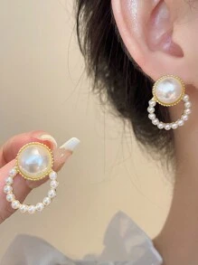 5pcs/Set Micro-Inlaid Zirconia Pearl Letter Square Earrings Autumn/Winter Elegant French Style Set For Women - Multicolor - View 5