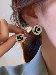 5pcs/Set Micro-Inlaid Zirconia Pearl Letter Square Earrings Autumn/Winter Elegant French Style Set For Women - Multicolor - View 3