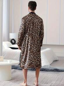 Conjunto de bata con cinturón de estampado de leopardo para hombre, nueva colección de otoño/invierno - Café integral - Ver 2