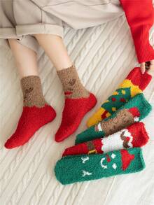 5 双男女款舒适圣诞绿树、雪人，搭配温暖柔软毛绒舒适蓬松四分之一长袜 - 彩色 - 查看 1