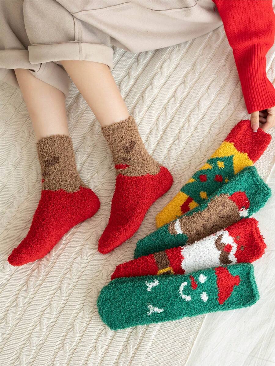 5 双男女款舒适圣诞绿树、雪人，搭配温暖柔软毛绒舒适蓬松四分之一长袜 - 彩色 - 查看 1