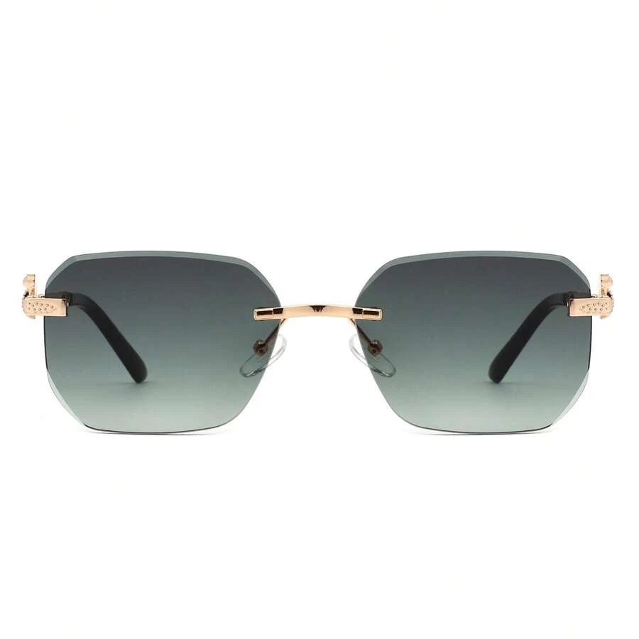 1pc Rimless Curved Rectangle Sunglasses With Tinted Square Lenses For Women And Men, Y2K Retro Geometric Shades. Perfect For Streetwear Looks, Summer Styling, Vacation Outfits, Music Festivals, And Casual Outdoor Wear - Green - View 1