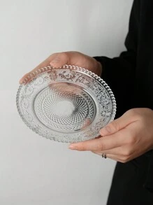 1 pieza Plato de vidrio vintage con relieve, plato de fruta de alta calidad y estética, plato para aperitivos, plato para el desayuno, bandeja de servir redonda para uso doméstico, regalo de Navidad - transparente - Ver 7