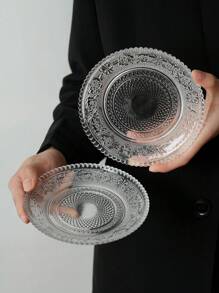 1 pieza Plato de vidrio vintage con relieve, plato de fruta de alta calidad y estética, plato para aperitivos, plato para el desayuno, bandeja de servir redonda para uso doméstico, regalo de Navidad - transparente - Ver 3