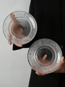 1 pieza Plato de vidrio vintage con relieve, plato de fruta de alta calidad y estética, plato para aperitivos, plato para el desayuno, bandeja de servir redonda para uso doméstico, regalo de Navidad - transparente - Ver 5
