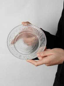 1 pieza Plato de vidrio vintage con relieve, plato de fruta de alta calidad y estética, plato para aperitivos, plato para el desayuno, bandeja de servir redonda para uso doméstico, regalo de Navidad - transparente - Ver 6