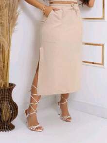 Midi Skirt With Slit Perfect Cut Elegant Design Strategic Slit Gives A Modern And Sophisticated Touch - Màu Khaki - Xem 2