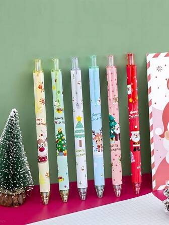 1/6/12pcs Christmas Retractable Gel Pens, Cute Cartoon Christmas Characters, Black Ink Ballpoint Pens, Snowman, Reindeer, Santa Claus, Christmas Tree Designs, Stress Relief Clickable Props, Writing Tools, Suitable For Students, Office Supplies, Back To School, Christmas Party Favors, Gift Sets, Birthday Gifts, Atmosphere Props, Stationery Gifts For Friends (Random Styles)